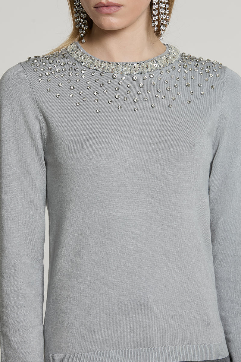 Maglia JORIA manica lunga con bordo paillettes più pietre più goccia schiena RELISH