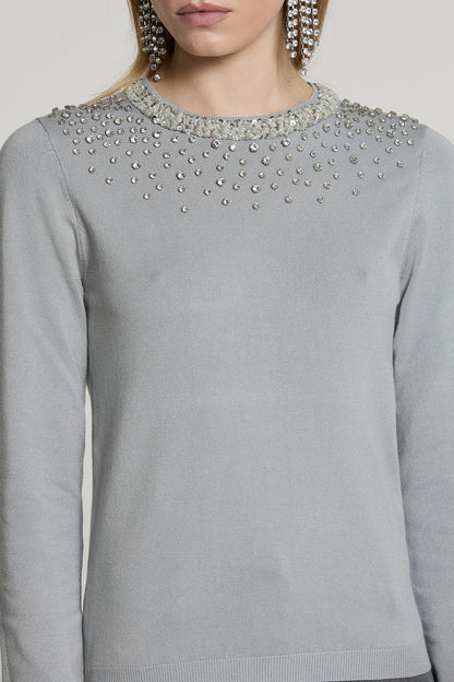 Maglia JORIA manica lunga con bordo paillettes più pietre più goccia schiena RELISH