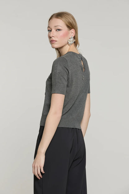 Relish Maglia MACCIONE mezza manica con goccia schiena più ricamo paillettes più baguette