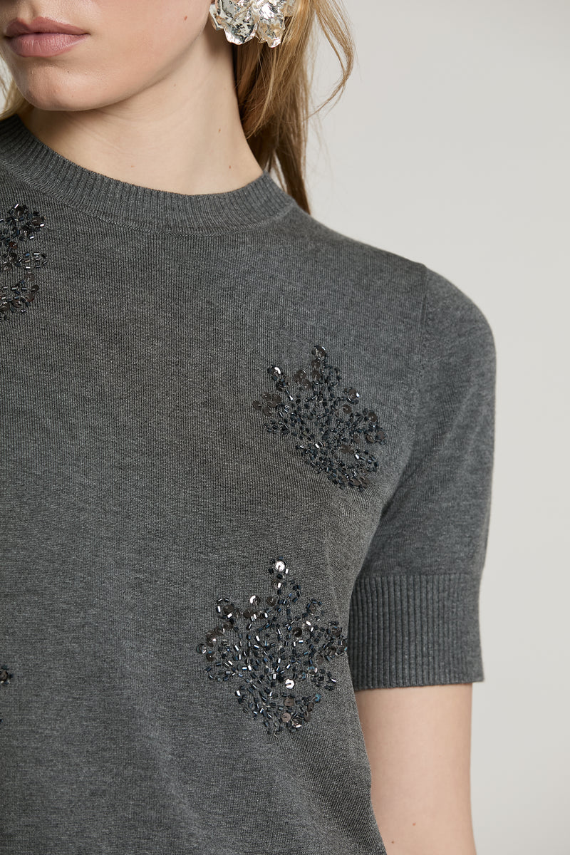 Maglia MACCIONE mezza manica con goccia schiena più ricamo paillettes più baguette RELISH