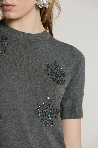 Relish Maglia MACCIONE mezza manica con goccia schiena più ricamo paillettes più baguette