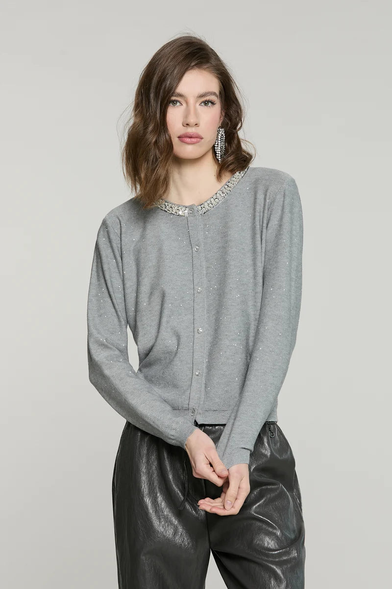 Cardigan SADE manica lunga girocollo con bottoni crystal più paillettes RELISH