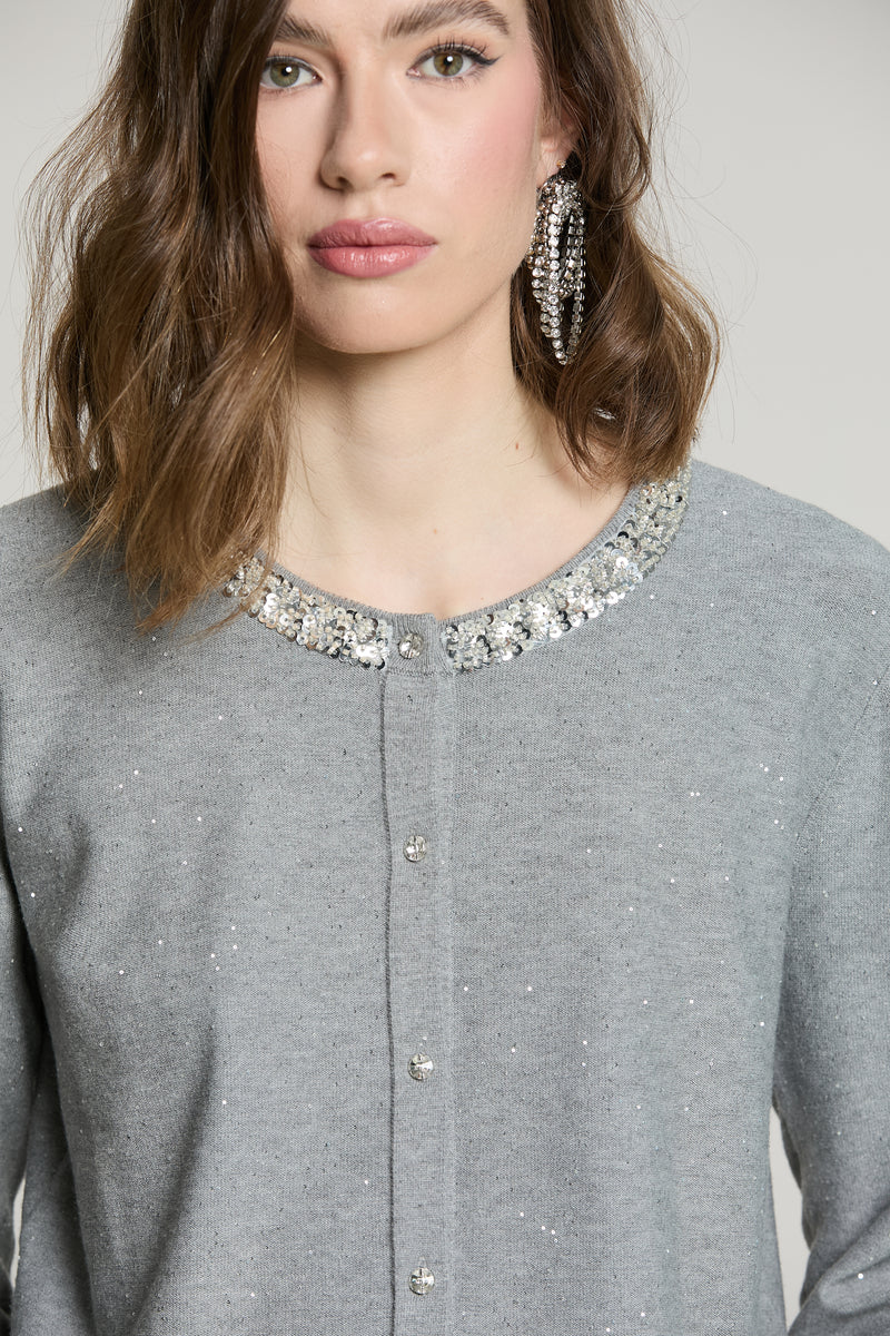 Cardigan SADE manica lunga girocollo con bottoni crystal più paillettes RELISH