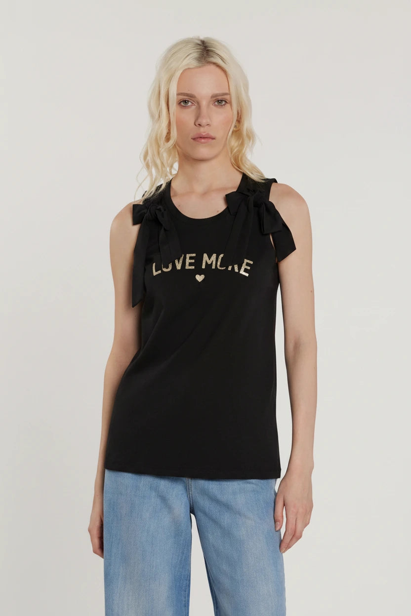 Relish T-Shirt BLOWY smanicata con fiocco più stampa glitter