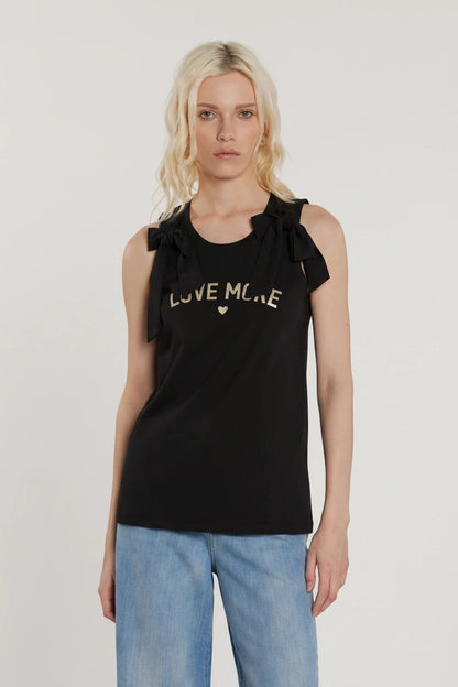 Relish T-Shirt BLOWY smanicata con fiocco più stampa glitter