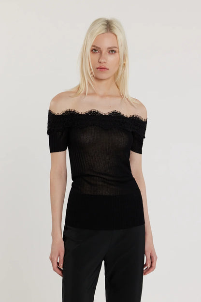 Maglia HAIFI maniche corte scollo barca con inserti pizzo costina
