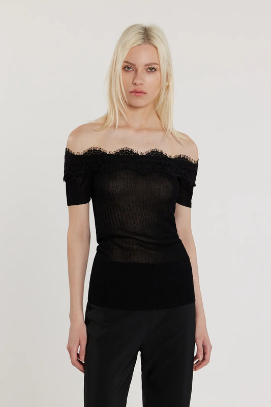 Maglia HAIFI maniche corte scollo barca con inserti pizzo costina