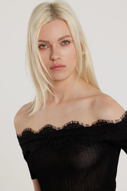 Maglia HAIFI maniche corte scollo barca con inserti pizzo costina