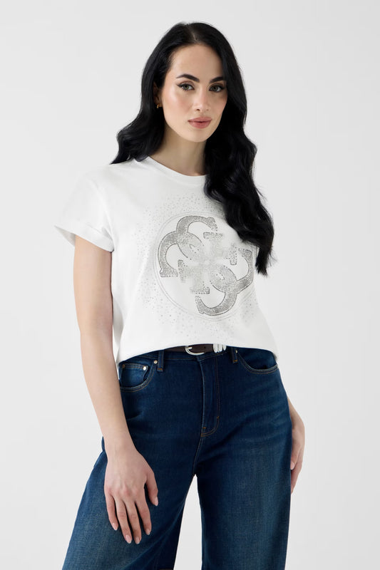 Guess W6YI18K4331 T-shirt con logo di strass