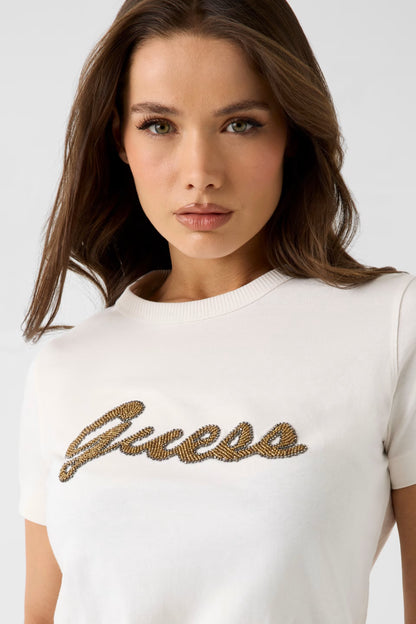 Guess W6YI29K4348 T-shirt con logo di perline
