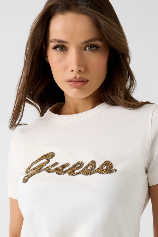 Guess W6YI29K4348 T-shirt con logo di perline
