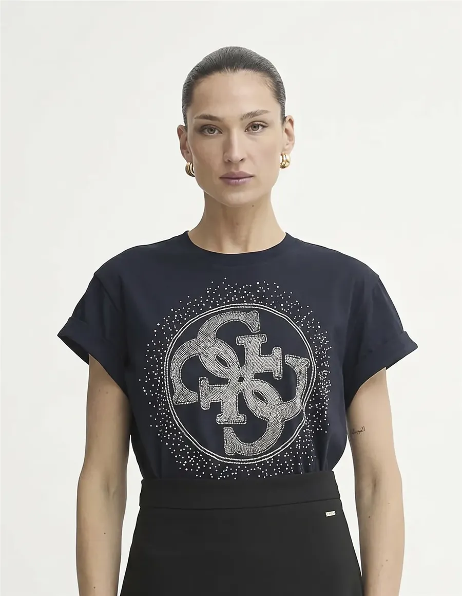 Guess T-shirt donna con logo di strass blu