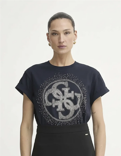 Guess T-shirt donna con logo di strass blu