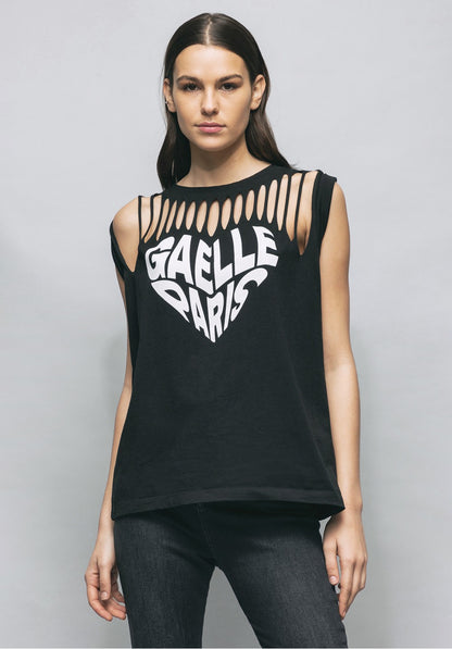 Laser cut sleeveless jersey T-shirt with Gaelle GBDP16953 print