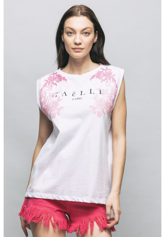 SLEEVELESS T SHIRT WITH PRINT AND EMBROIDERY - GBDP16963 - GAELLE PARIS
