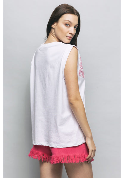 SLEEVELESS T SHIRT WITH PRINT AND EMBROIDERY - GBDP16963 - GAELLE PARIS