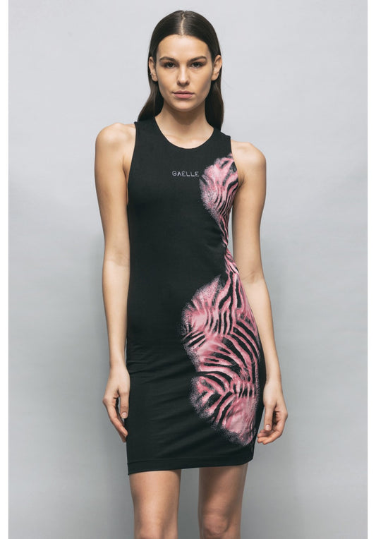 Close-fitting bi-elastic dress with print and rhinestones Gaelle GBDP17072